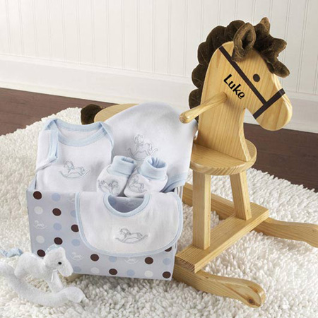 Rockabye Baby Personalized Rocking Horse with Plush Toy and Layette Gift Set