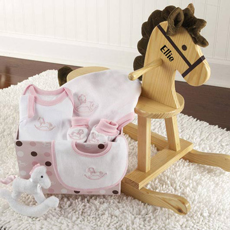 Rockabye Baby Personalized Rocking Horse with Plush Toy and Layette Gift Set